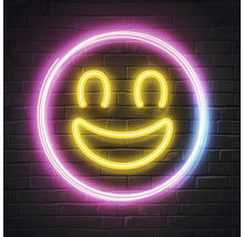Neon-Dekoration mit Smiley-Motiv an einer Ziegelwand