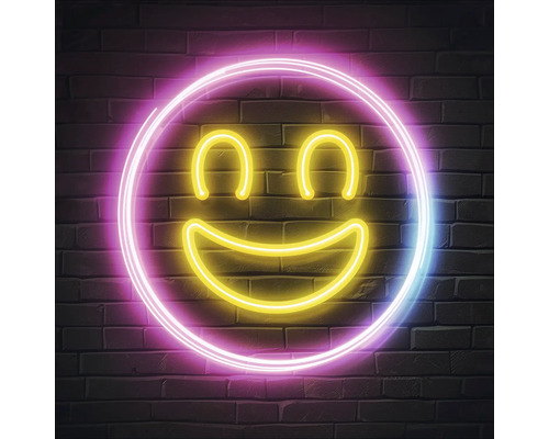 Neon-Dekoration mit Smiley-Motiv an einer Ziegelwand