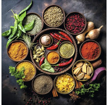 Arrangement aus verschiedenen Gewürzen und Kräutern in Schalen