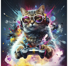 Katze mit Kopfhörern und Brille, die einen Controller hält