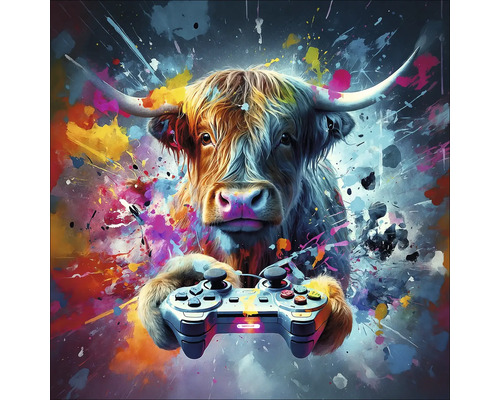 Illustration eines Hochlandrindes mit Videospiel-Controller