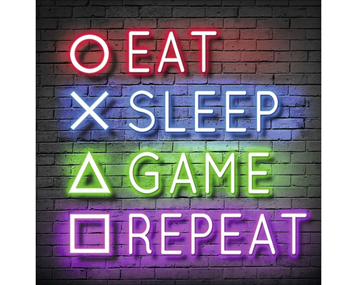 Neonreklame an einer Ziegelwand mit der Aufschrift: Essen, Schlafen, Spielen, Wiederholen