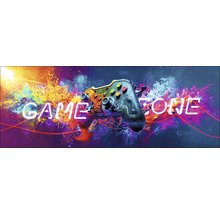 Spielkonsole mit Schriftzug Game Zone vor farbenfrohem Hintergrund