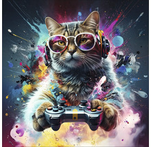 Illustration einer Katze mit Kopfhörern, Sonnenbrille und Gamecontroller
