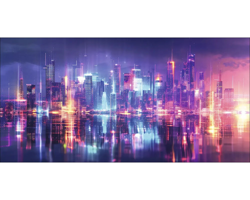 Skyline einer Stadt mit Wolkenkratzern und Reflexionen im Wasser