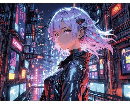 Cyberpunk-Szene mit einer Frau in einer von Neonlichtern beleuchteten Stadt