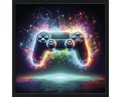 Gerahmtes Bild mit einer Darstellung eines Videospiel-Controllers mit Lichteffekten