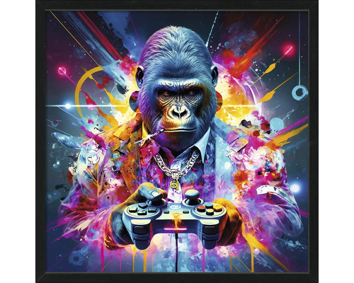 Gemälde eines Gorillas mit einem Gamepad in einem Rahmen
