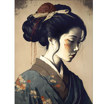 Illustration einer Frau im Kimono mit floralen Verzierungen und kunstvoller Frisur
