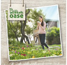 Illustration einer Frau, die eine Tasse in einem Garten mit einer Wildblumenwiese hält