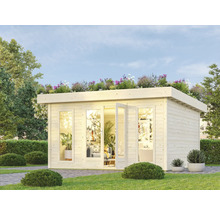 Gartenhaus mit Flachdach, verglasten Türen und Dachbepflanzung im Garten