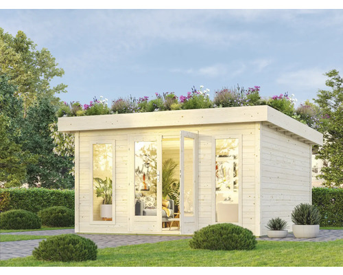 Gartenhaus Karibu Karlsruhe inkl. Dachbegrünung, Fußboden 440 x 442 cm natur Gartenhaus mit Flachdach, verglasten Türen und Dachbepflanzung im Garten