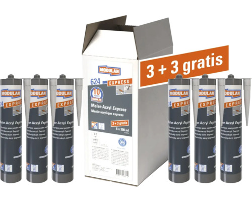 MODULAN 624 Maler-Acryl Express weiß 6-er Pack ( 3 Stück Gratis) Modulan Maler-Acryl Express, sechs Tuben mit gratis Zugabe in geöffnetem Karton