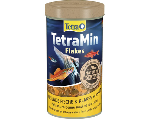 Tetra Logo auf einer Dose TetraMin Flocken Fischfutter mit natürlichen Inhaltsstoffen, ohne Konservierungsstoffe, für gesunde Fische und klares Wasser.