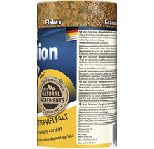 Tetra Selection Fischfutter für Zierfische mit Flocken und Granulat, Made in Germany Logo und Siegel für natürliche Inhaltsstoffe ohne Konservierungsstoffe.
