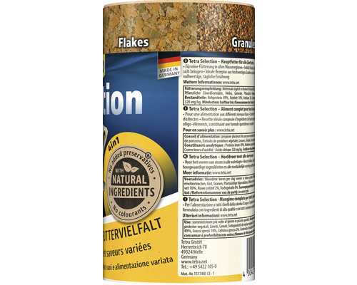 Tetra Selection Fischfutter für Zierfische mit Flocken und Granulat, Made in Germany Logo und Siegel für natürliche Inhaltsstoffe ohne Konservierungsstoffe.
