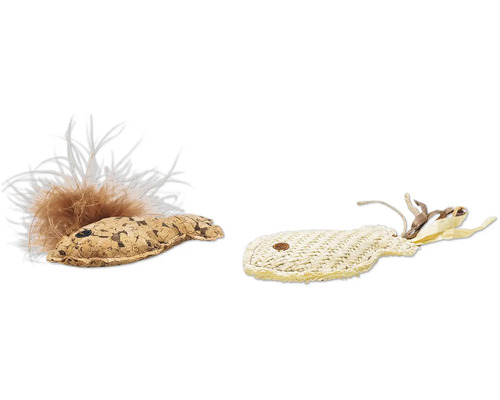Zwei Katzenspielzeuge in Fischform, eines aus Kork und das andere aus Bast