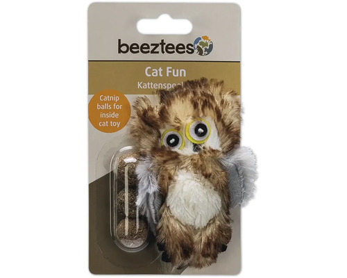 Beeztees Logo. Katzenspielzeug in Eulenform mit Katzenminzbällen.