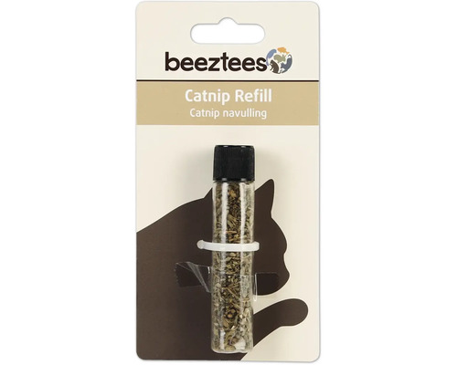 Beeztees Logo. Katzenminze Nachfüllpackung in durchsichtiger Flasche mit schwarzem Deckel.