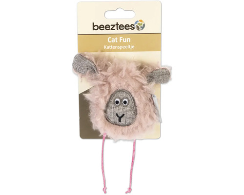 Beeztees Logo. Katzenspielzeug in Schaf Form mit Schnüren.