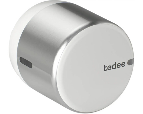 tedee smartes Türschloss in zylindrischer Form aus Metall in Silber und Kunststoff in Weiß.