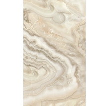 Nahaufnahme einer beigen Marmorfliese mit gewirbelter Textur.