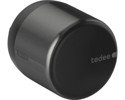 Smart Lock Tedee GO in Schwarz mit zylindrischer Form und Tedee Logo.