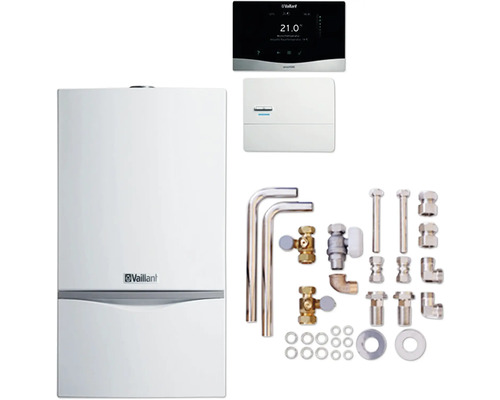 Vaillant Paket 6.216/2 Gas-Wandheizgerät mit Heizwerttechnik atmoTEC exclusive VC 104/4-7 A, Funk-Raumtemperaturregler sensoHOME VRT 380f/2 und Installations-Set AP/UP Austausch auf Alt-Installation Gasart E/H 0010046398 Vaillant Heizungsanlage mit Zubehör und Steuerung