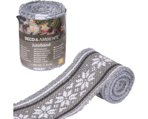 Band videx Deko-Juteband Norweger- Design ca. 6 cm x 300 cm Jutebandrolle mit weißem Schneeflockenmuster, 300 cm lang und 6 cm breit