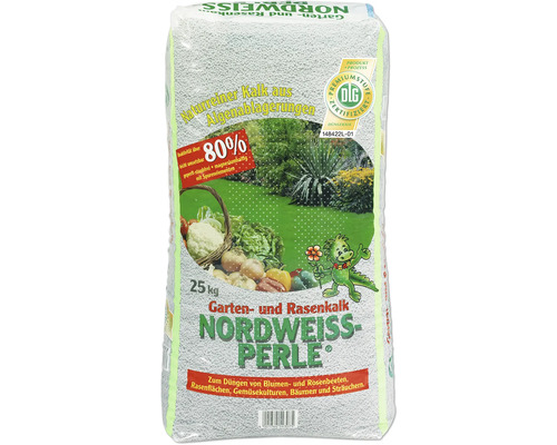 Nordweiss Garten- und Rasenkalk Perle 25 kg Sack zur Düngung von Blumen-, Rosenbeeten, Rasenflächen, Gemüsekulturen, Bäumen und Sträuchern