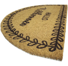 Halbkreisförmige Fußmatte aus Kokosfaser mit Blätterdesign und der Aufschrift Hallo Willkommen.