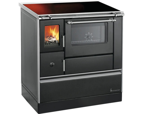 Küchenofen Holzherd Dauerbrandofen WESTMINSTER K76F-90 Farbe Herd schwarz Position Backraum Rechts Material Herdplatte Glaskeramik-Kochfeld Holzherd mit Sichtfenster und Kochfeld