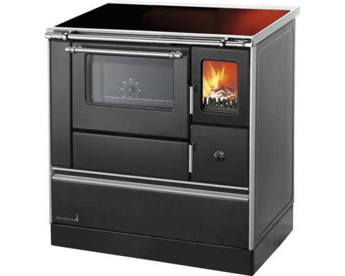 Küchenofen Holzherd Dauerbrandofen WESTMINSTER K76F-90 Farbe Herd schwarz Position Backraum Links Material Herdplatte Glaskeramik-Kochfeld Holzherd mit Backofen und Sichtfenster