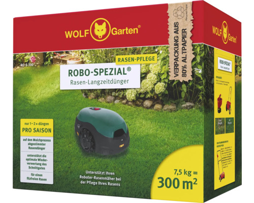 Wolf Garten Robo-Spezial Rasen-Langzeitdünger Packung mit Informationen zur Anwendung und den Vorteilen für Rasenmähroboter