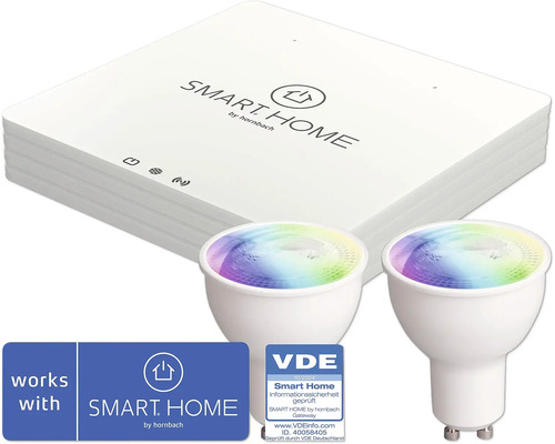 SMART HOME by hornbach Gateway V2 Starterset - Beleuchtung - Gateway + 2x Flair Viyu GU10 RGB Smart Home Gateway mit zwei Lampen und VDE Siegel