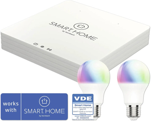 SMART HOME by hornbach Gateway V2 Starterset - Beleuchtung - Gateway + 2x Flair Viyu E27 RGB Smart Home Gateway mit zwei farbigen LED Lampen