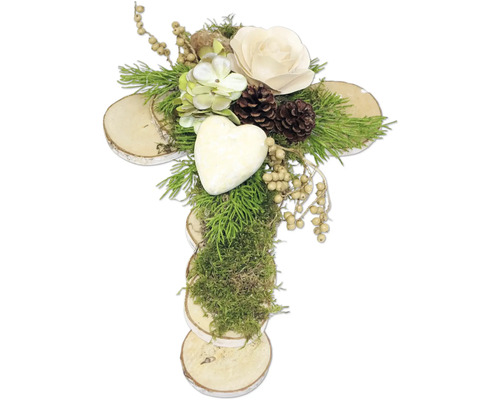 Grabgesteck Birkenscheibenkreuz Keramikherz creme L ca. 36 cm B ca. 23,5 cm H ca. 9 cm Dekoratives Kreuz mit Blumen, Kiefernzapfen und Moos