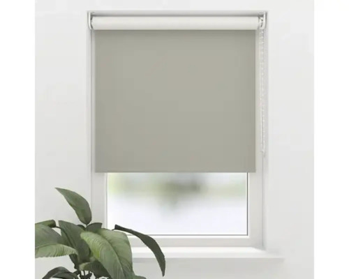 Graues Rollo am Fenster mit Pflanzen im Vordergrund