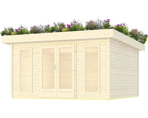 Holzgartenhaus mit Flachdach und Bepflanzung auf dem Dach.