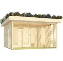Holzgartenhaus mit begrüntem Dach und Doppeltür