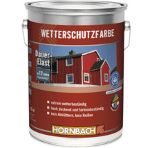 Wetterschutzfarbe im Farbeimer mit Informationen zu Eigenschaften und Gütesiegel