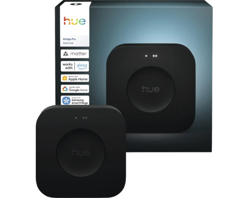 Hue Bridge Pro Smart Hub mit Matter-Symbol und Kompatibilität zu Alexa, Apple Home, Google Home und Samsung SmartThings