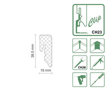 Darstellung des Produkts mit den Maßen 38,5 mm x 15 mm und Symbolen für Montagearten.