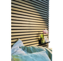 Schlafzimmer mit Wandpaneelen, Nachttisch und Bett