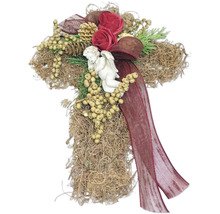 Gesteckkreuz mit Engel, Rosen und Schleife