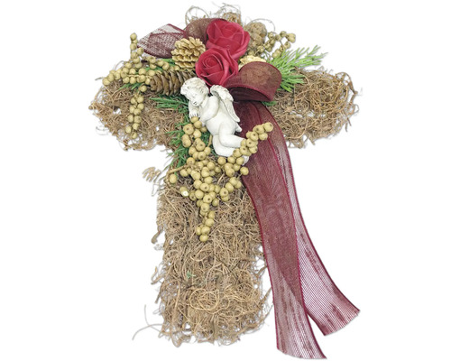 Grabgesteck Curlymoos-Kreuz natur mit Engel L ca. 40 cm B ca. 27 cm H ca. 10 cm Gesteckkreuz mit Engel, Rosen und Schleife