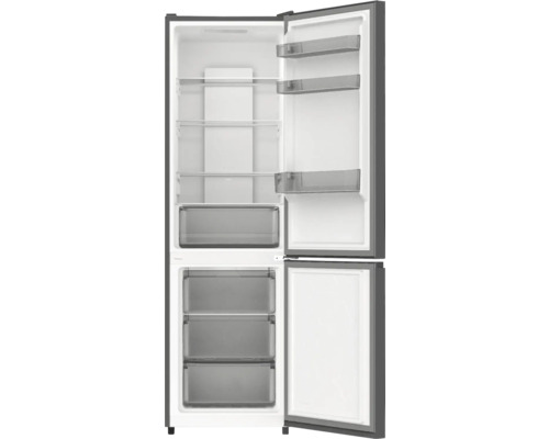 Geöffneter Kühlschrank mit Regalen und Gefrierfach