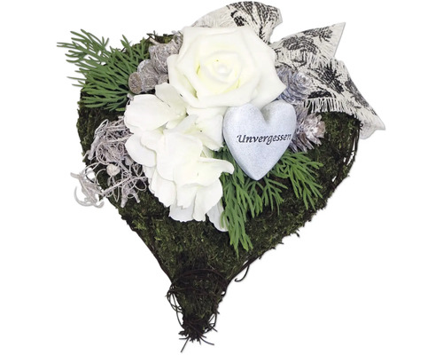 Grabgesteck Reben-Moosherz mit Rose creme L ca. 22 cm B ca. 18 cm H ca. 12 cm Herzgesteck mit weißen Rosen und dem Schriftzug Unvergessen als Grabschmuck
