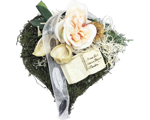 Grabgesteck Reben-Moosherz mit Rose rosa L ca. 22 cm B ca. 18 cm H ca. 12 cm Herzförmiges Trauergesteck mit Rosen, Federn und Gedenkschild