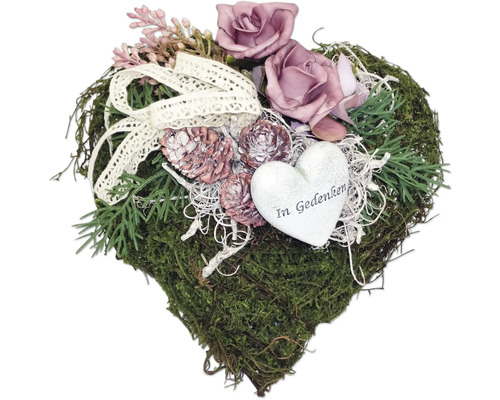 Grabgesteck Reben-Moosherz mit Rose brombeer L ca. 22 cm B ca. 18 cm H ca. 11 cm Herzförmiges Moosgesteck mit Rosen, Zapfen, Schleife und Herzanhänger mit der Aufschrift 'In Gedenken'